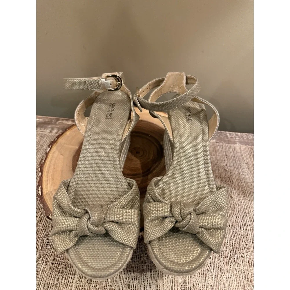 Michael Michael Kors Maxwell Mid Wedge Sandals Gold Ankle Strap Knotted